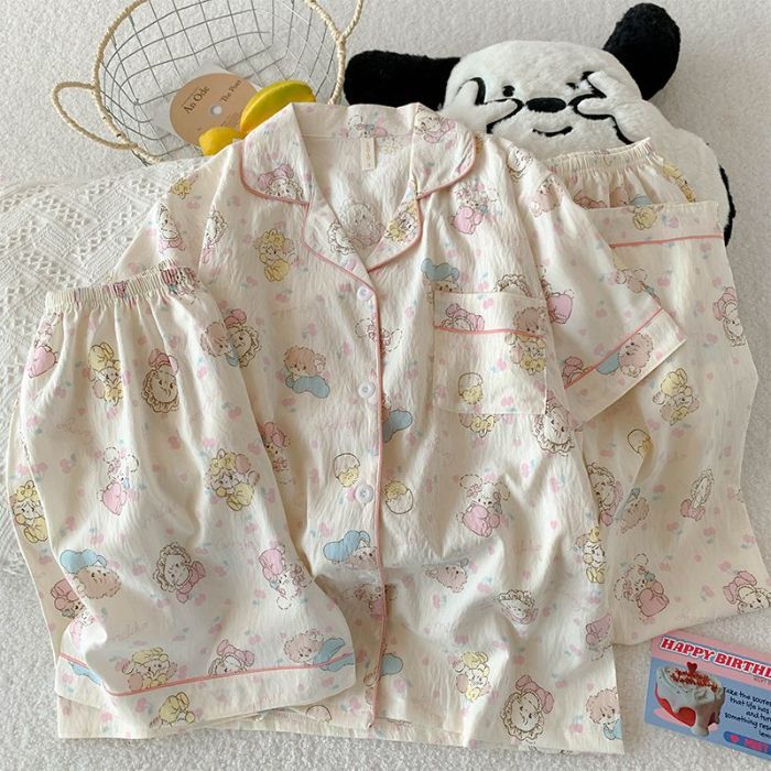 Verano transfronterizo nuevo estilo cómodo nube de algodón de tres piezas solapa pantalones cortos de manga corta pantalones ropa a domicilio traje de pijama de mujer