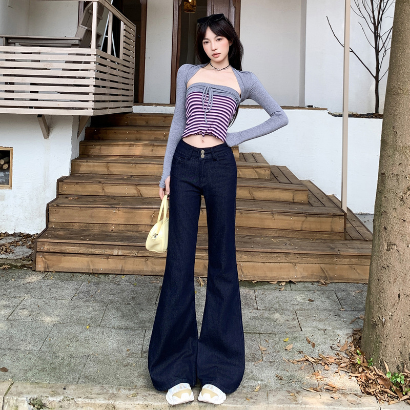 美式复古｜双扣设计｜宽松微喇牛仔裤女丹宁蓝长裤图案|undefined