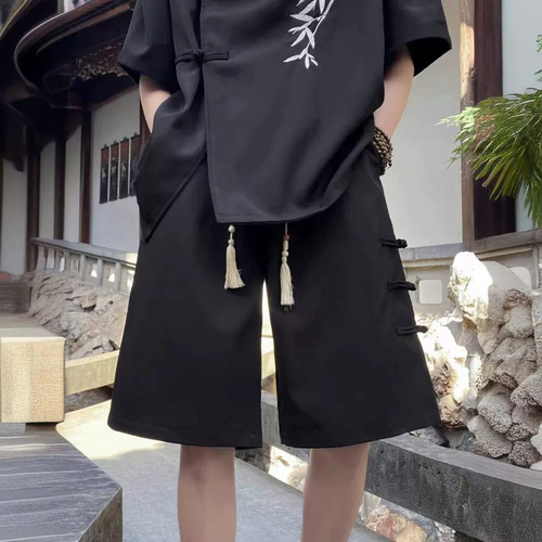 Men's Summer Thin Casual Short Pants with Traditional Chinese Knot Design, Trendy Loose-Fitting Outerwear, Five-Finger Pants for Plus Size