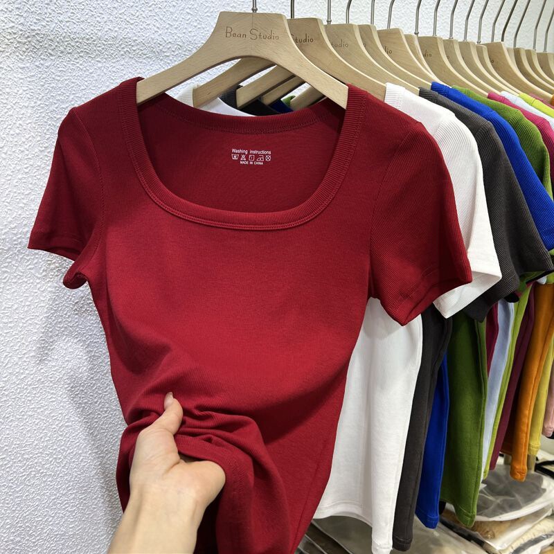 2025 Summer New Style Square Collar Exposed Collarbone Pure Color Short-Sleeved T-Shirt Women's Slim Threaded Slim Right Shoulder Top