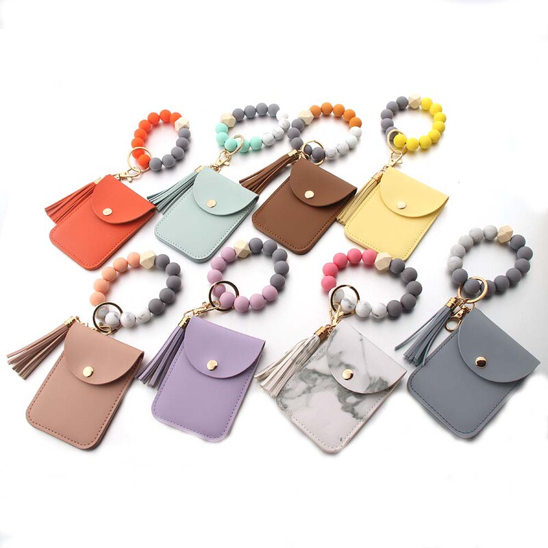 European and American Cross-Border Silicone Keychain Leather Bracelet Wooden Bead Card Holder Key Ring Bracelet Id Card Holder Holiday Gift