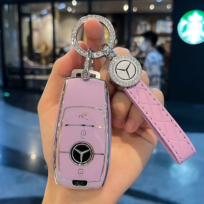 스타일 B [보라색 키 커버 + 다이아몬드 링 자동차 로고 가죽 버클]