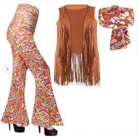 2025年亚马逊万圣节印花喇叭裤嬉皮复古印花头带波西米亚风