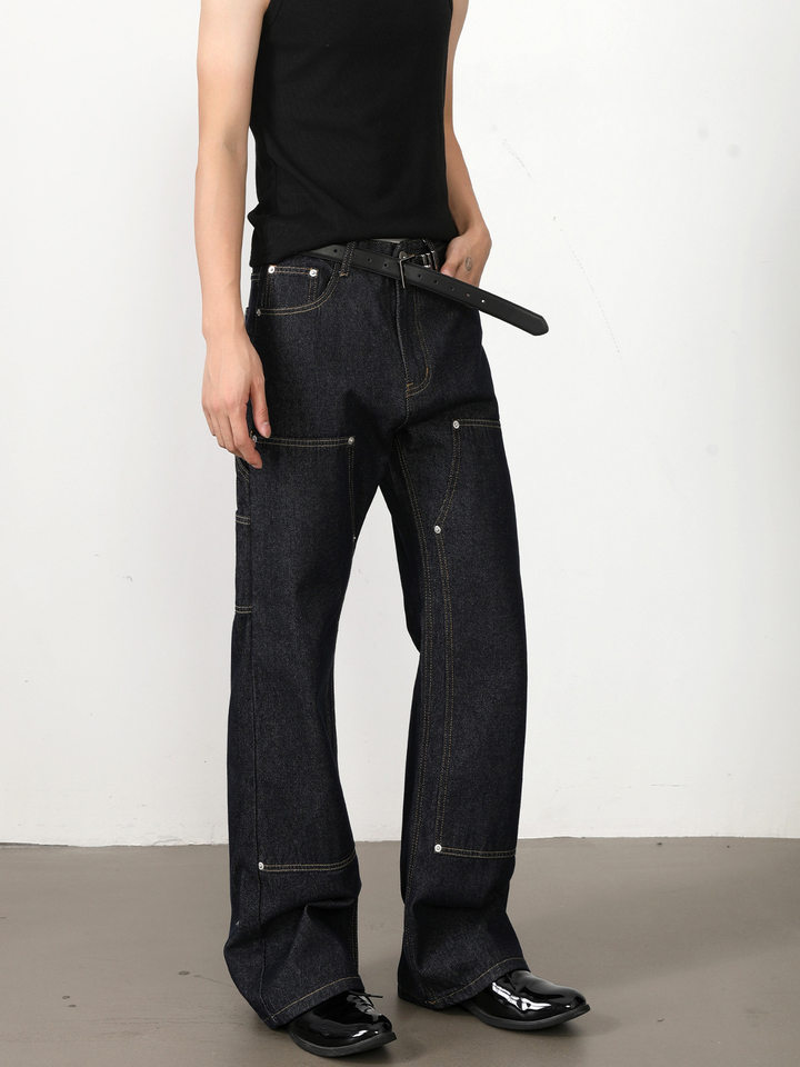 Quần jean nam ống loe nhẹ dáng chữ A phong cách đường phố, cạp vừa, dài — Xanh denim
