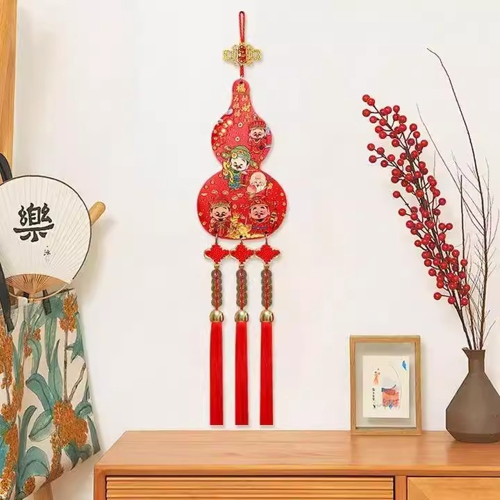 五路葫芦桃木挂件入户大门平安中国结古风木质客厅吉祥挂饰木艺