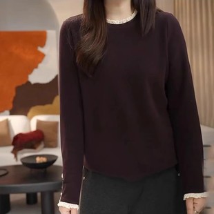 European Chic Lace Stitching Long-sleeved T-shirt plus size Women's Clothing Chubby Girls Autumn and Winter Loose Meat Covering Base Shirt Top