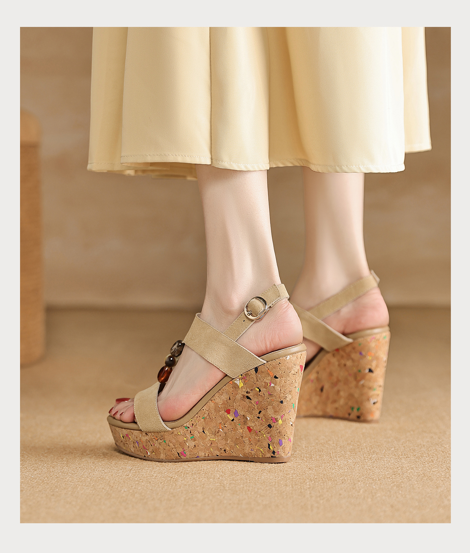 Sandal bohemian đế xuồng cao gót quai ngang hở mũi — màu hồng, màu mơ chi tiết 12