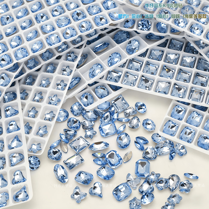 K9 Crystal Nail Art Rhinestones in Light Sea Blue, Pointed-Bottom Irregular Diamonds, Oval, Crooked Heart, Right-Angle, Chunky Square Glass Nail Decorations K9 Crystal Nail Art Rhinestones in Light Sea Blue, Pointed-Bottom Irregular Diamonds, Oval, Crooked Heart, Right-Angle, Chunky Square Glass Nail Decorations