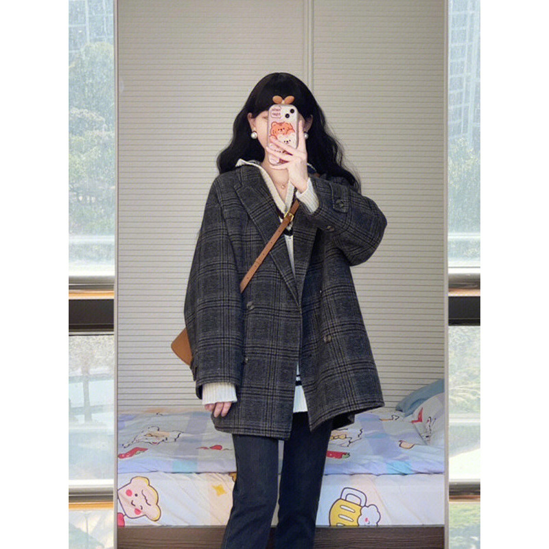 Plaid Suit Woolen Coat for Women 2025 Autumn and Winter New Korean Style Petite Elegant Thickened Short Woolen Jacket