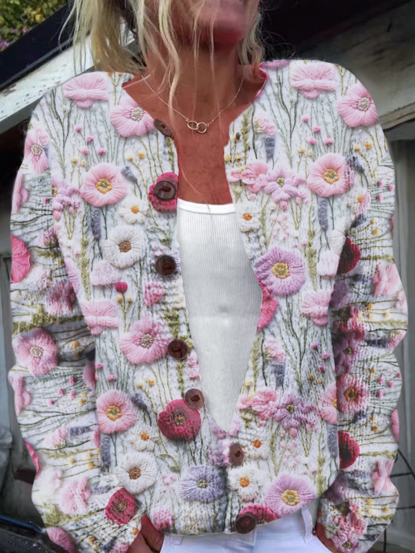 现货新款欧美跨境亚马逊宽松开衫长袖圆领3D印花毛衣女装针织衫|undefined