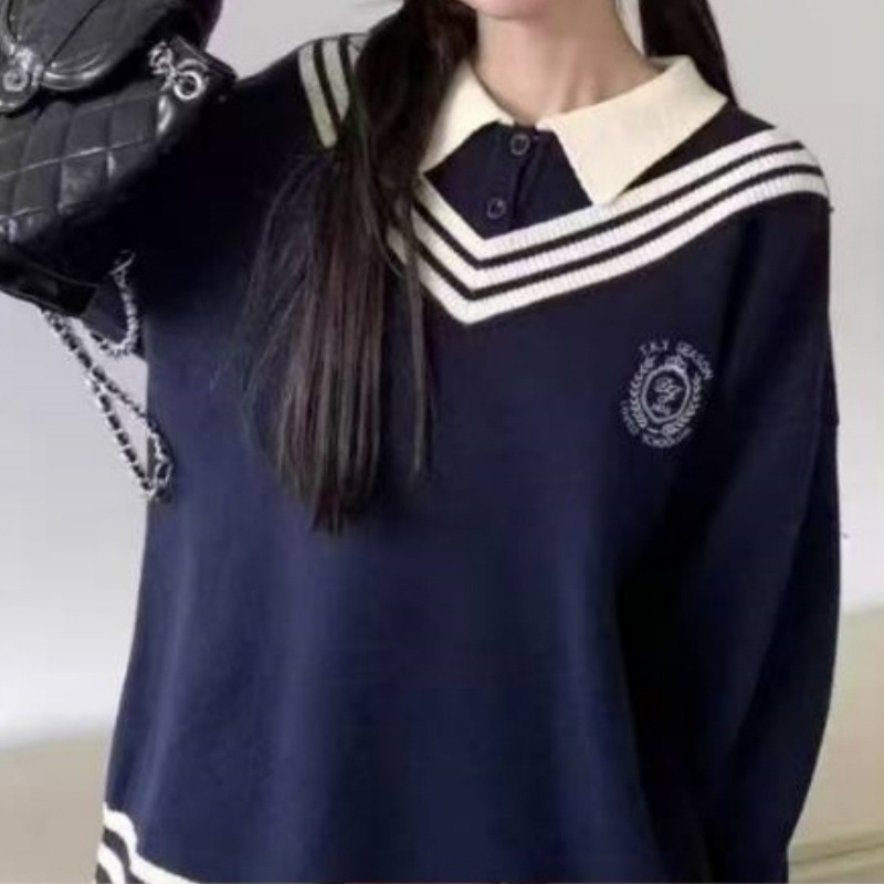 jk秋冬慵懒风毛衣百搭新款女装2025年新款学院风刺绣假两件针织衫|undefined