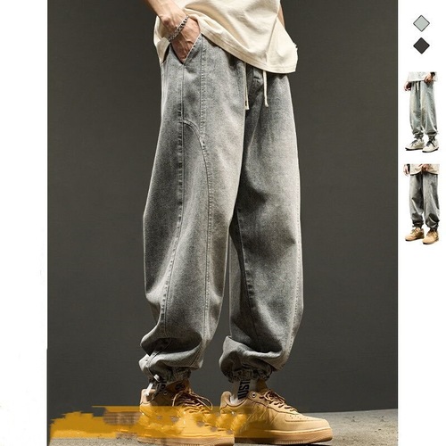 Black Men's Spring and Autumn American Retro Japanese Loose Tied-Ankle Work Pants Trend Brand Spring and Autumn Pants