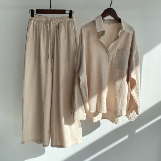 Cross-border Amazon Women's 2-piece Vintage Plus Size 2024 Cotton and Linen Shirt Set High Waist Loose Trousers