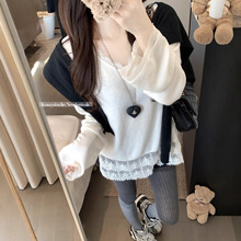 实拍 2025秋冬季韩版V领蕾丝拼接长袖针织衫女保暖叠穿打底衫内搭