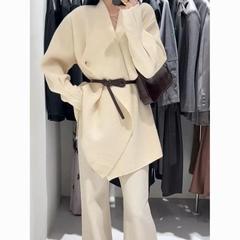 韩系氛围感翻领系带针织开衫女秋冬新款宽松慵懒高级感毛衣外套厚