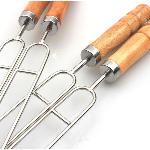 BBQ barbecue skewer wooden handle stainless steel barbecue fork double needle U-shaped skewers 201 stainless steel outdoor barbecue tools