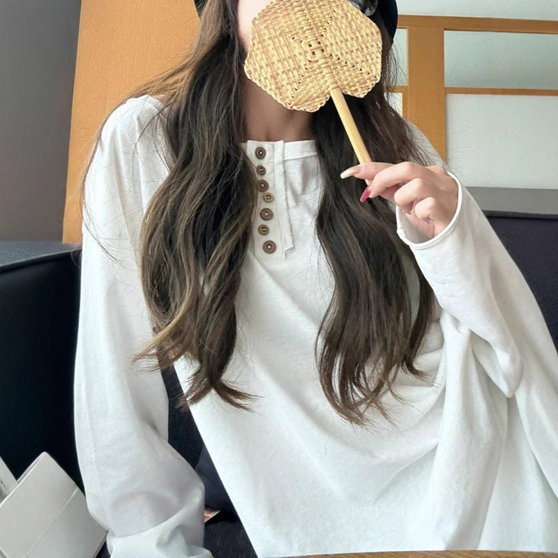 ASHENONLIN 曲奇饼干 不规则扣罩衫上衣女卷边设计感长袖休闲T恤|undefined
