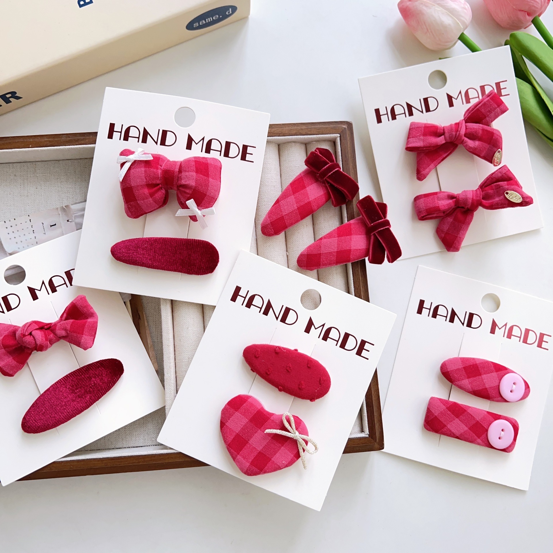 Adorable sweet fabric grid bow hair clip with heart button BB clip side flyaway fringe bang clip children's hair accessories