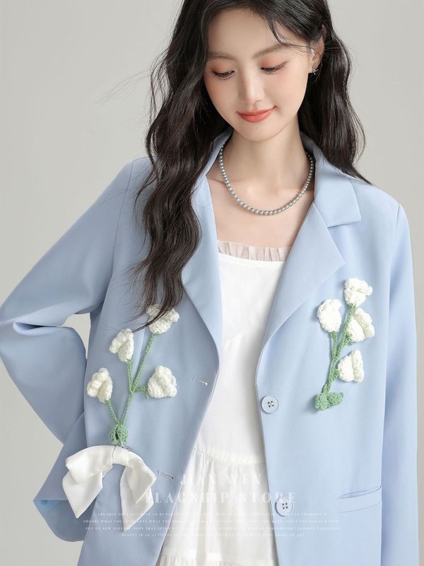 2025春秋新款蓝色文艺风通勤气质西装外套女立体花朵高级感西服潮|undefined