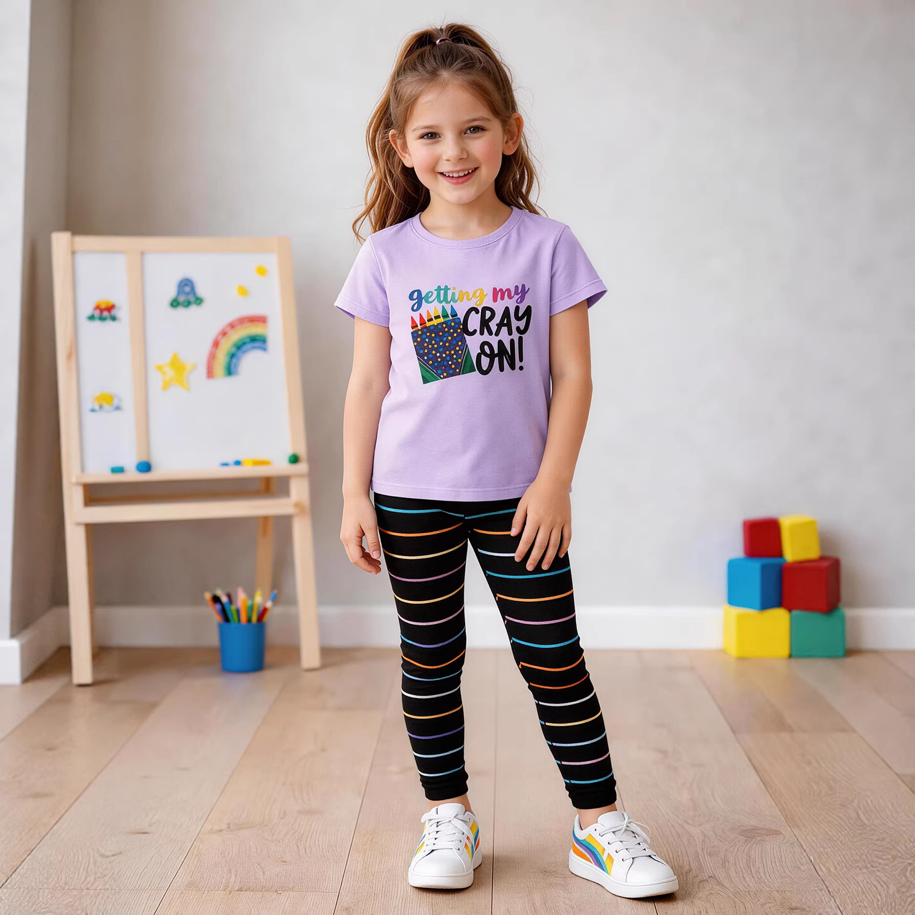 Girls' Summer Letter-Print Short-Sleeve T-Shirt + Colorful Striped Leggings Two-Piece Set, Stylish Casual Foreign Trade Children's Clothing Supply