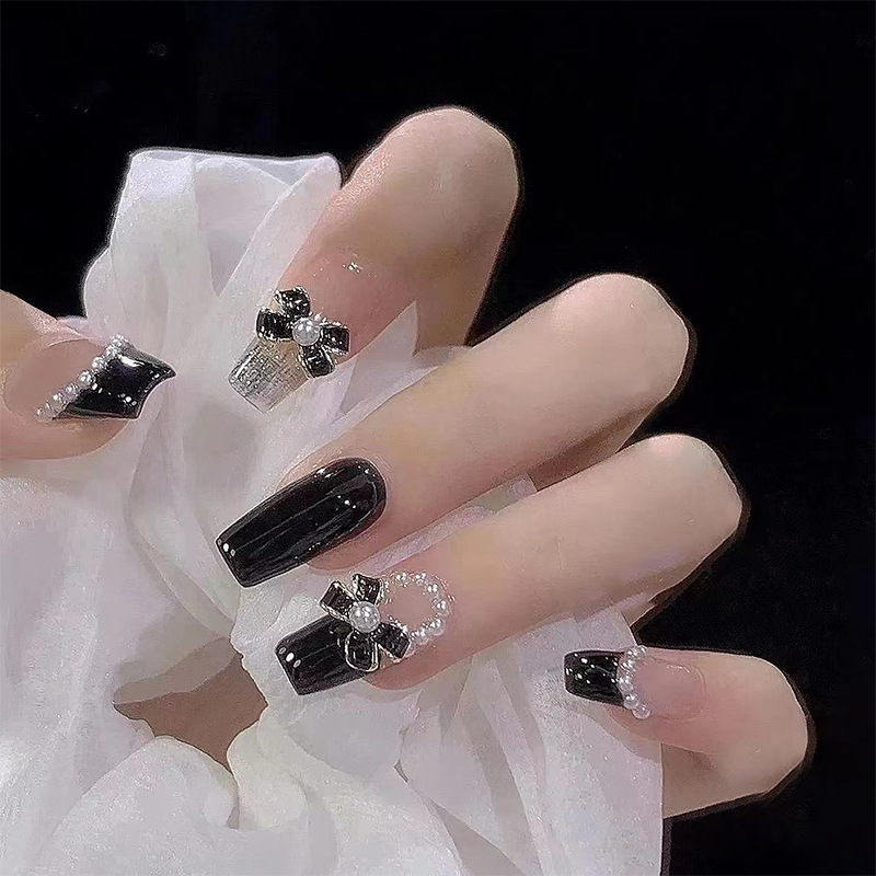 雅婕娜-高貴珍珠絲帶蝴蝶結穿戴甲氣質辣妹假指甲美甲貼片nails