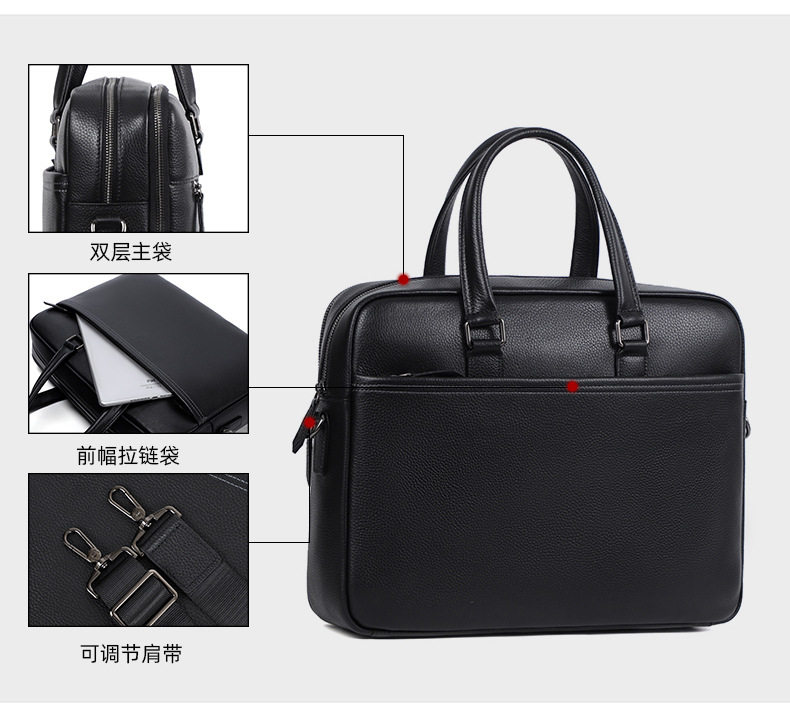 Túi xách tay nam da bò thật 39×10×29 cm có hai ngăn khóa kéo, đeo chéo một vai — Màu đen chi tiết 6