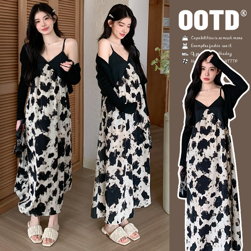 Maternity Wear, Summer Fashion, French Resort Style V Neck Splicing Suspender Dress, Versatile Maternity Skirt Trend