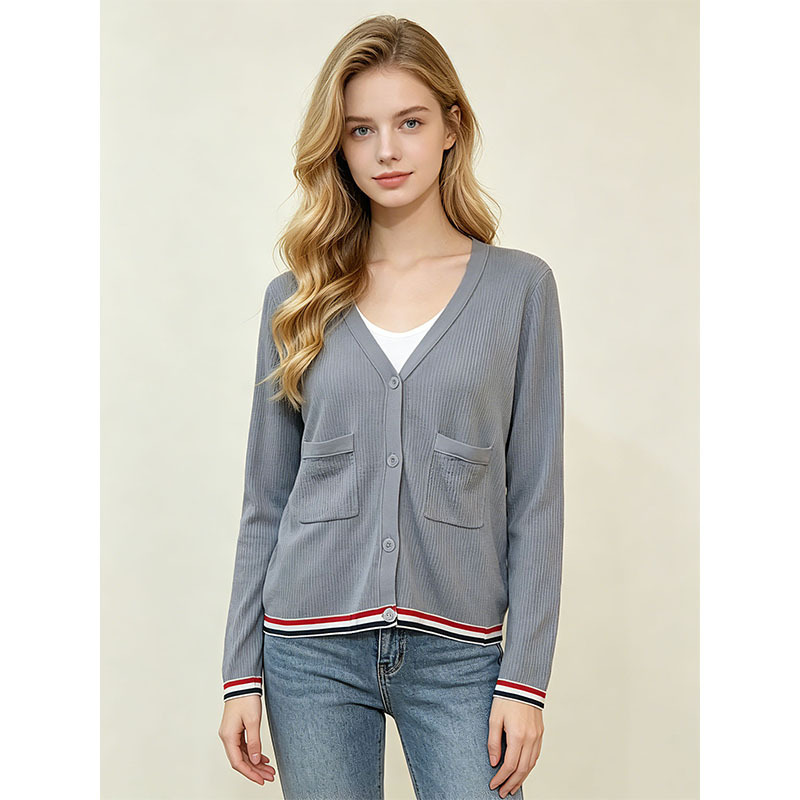Cross-Border College Style V-Neck Color-Block Striped Knit Cardigan for Women, Spring and Autumn Thin Versatile Ribbed Sweater Jacket