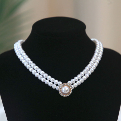 European and American retro double-layered pearl necklace with diamond earrings, Western-style bridal jewelry, choker, versatile wedding accessories