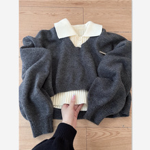 学院风短款POLO领毛衣女学生秋冬季宽松百搭两件套针织衫上衣批发