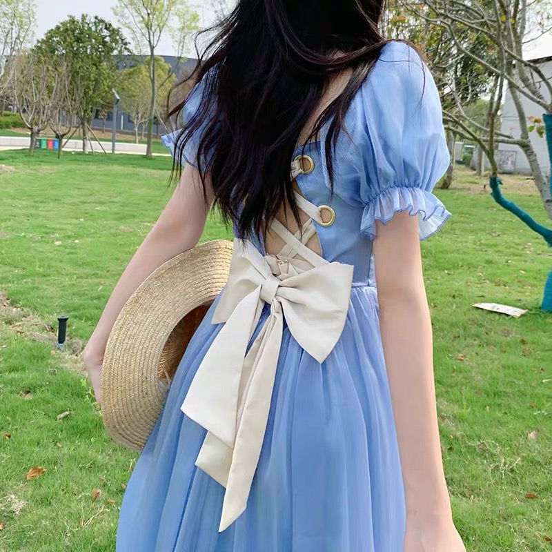 法式方领连衣裙女夏蝴蝶结蓝色高腰露背气质欧根纱中长裙子