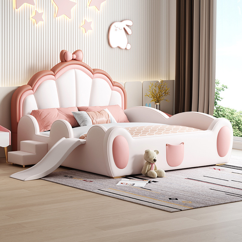 Children's Bed Girl Princess Bed Simple Solid Wood Single Bed Girl with Slide Soft Bag Pink with Guardrail Kids Bed