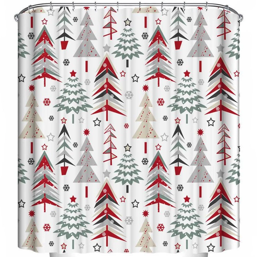 Colorful Merry Christmas shower curtain with hook Christmas tree red star snowflakes seamless pattern funny Christmas shower curtain set