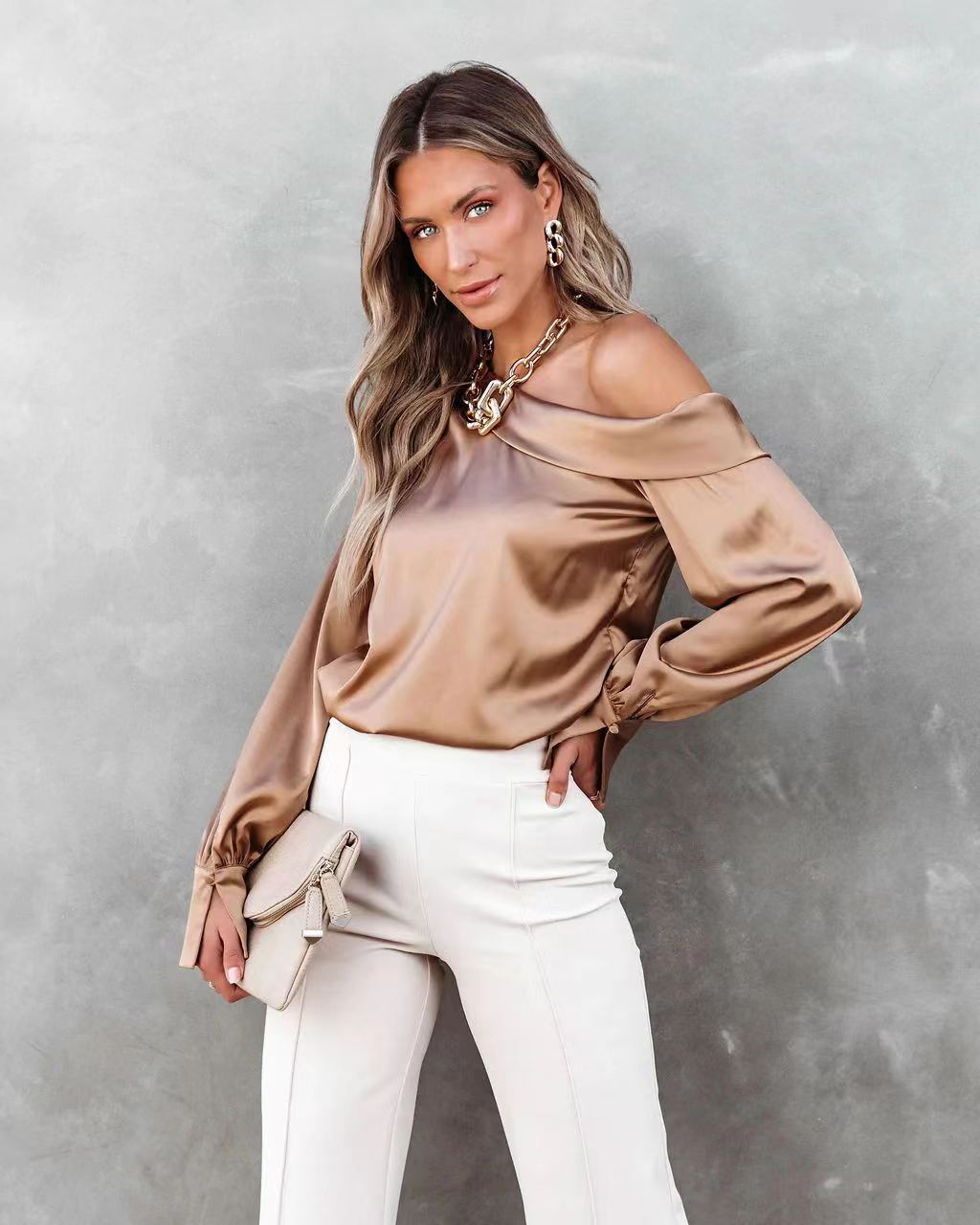 Regular Sleeve Sleeve Type Polyester, Satin Fabric Type Blouse Tops Type Daily Occasion Wholesale Women'S Fashion Solid Color Long Sleeve Patchwork Blouses