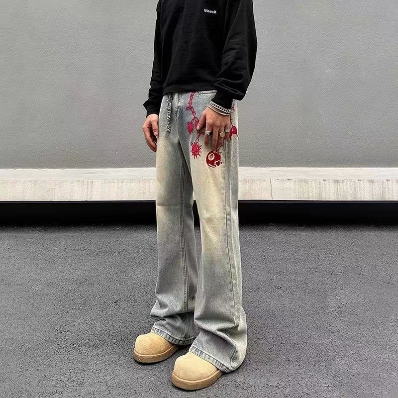 Men's Distressed Washed Yellow Mud Denim Jeans Straight Leg Bootcut_voghion.com