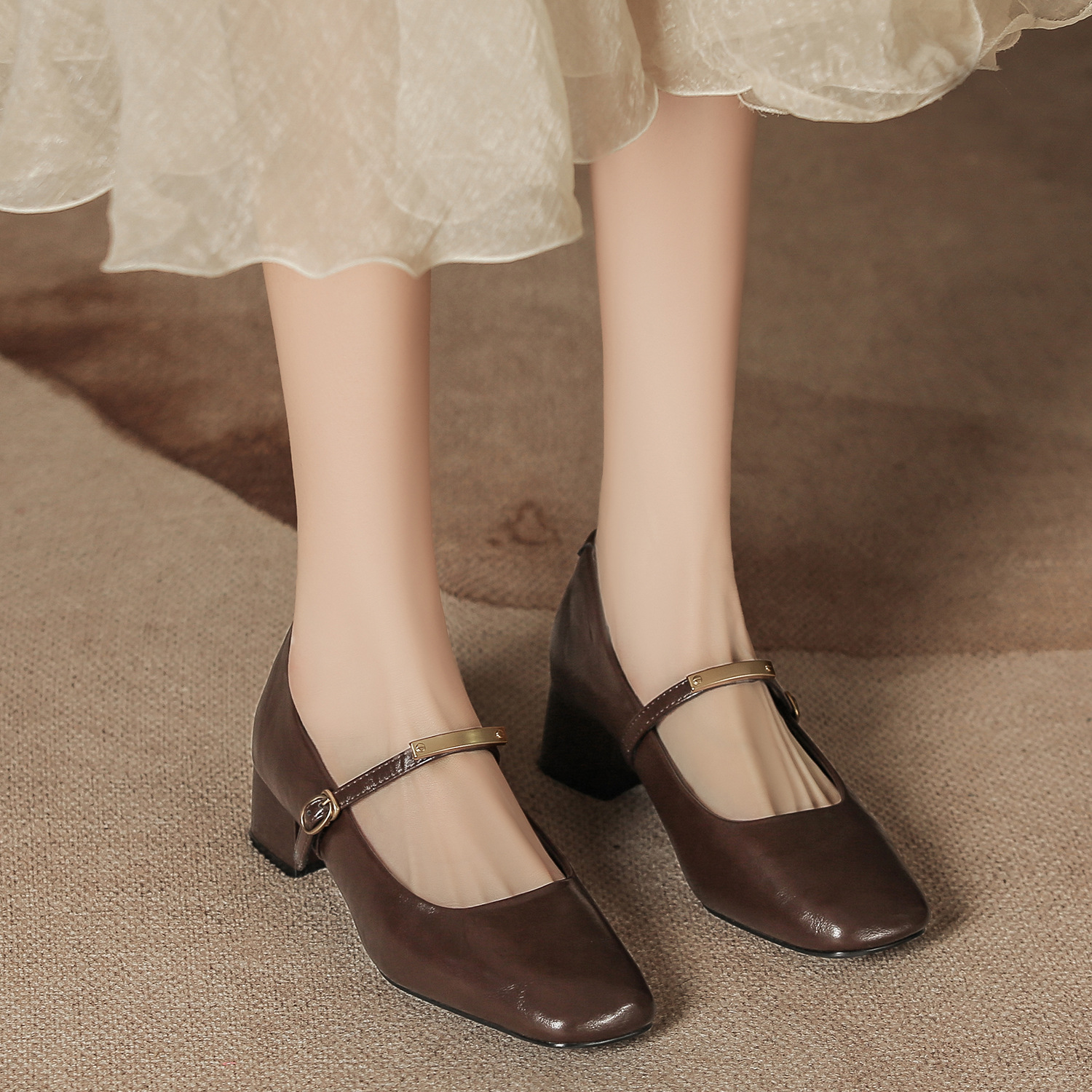 Damen Mary Jane Loafers Aus Leder Mit Blockabsatz Retro Stil_voghion.com