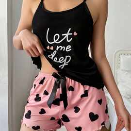 夏季女大童字母图案黑色吊带上衣黑色短裤阔腿裤两件套