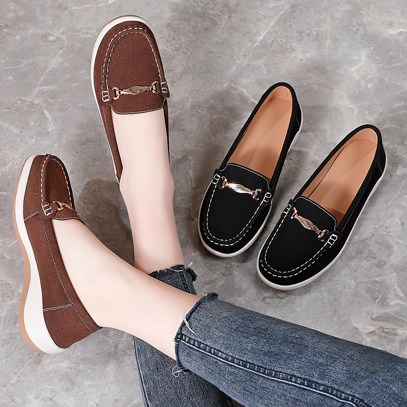 春秋季新款厚底休闲女鞋乐福鞋防滑时尚妈妈鞋反绒鞋子女平底单鞋