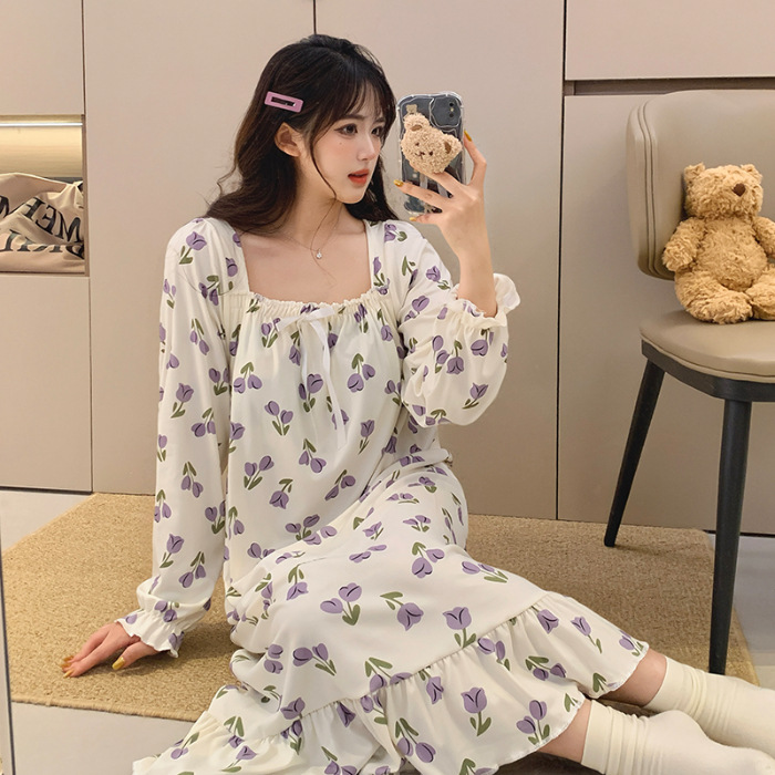 Fábrica directa con cojín de pecho desmontable de ternilla pijama de manga larga primavera y otoño estilo coreano chaqueta dulce ropa larga para el hogar