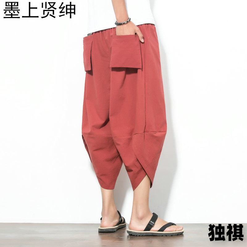 2024 pantalones cortos de lino de verano japonés para hombres, pantalones harem de pierna ancha de algodón y lino de gran tamaño casual de color sólido fábrica