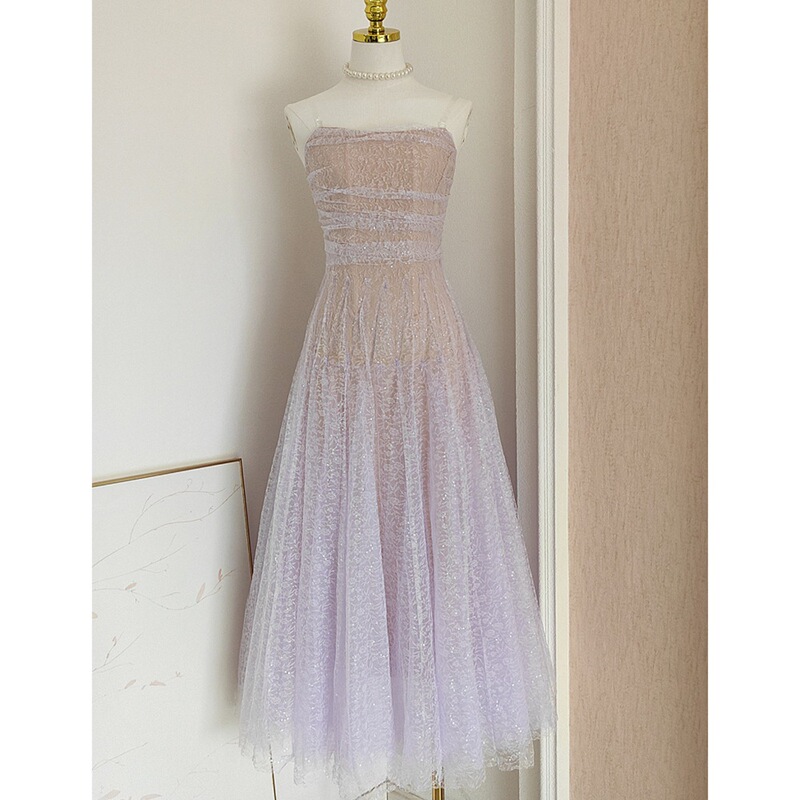 Light Luxury Heavy Lace Strapless Mini Dress for Women, Vietnamese Niche Designer, Fairy-Style Mesh Puffy Dress