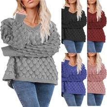 2023亚马逊ebay速卖通爆款女装欧美冬季针织羽毛镂空V领长袖毛衣