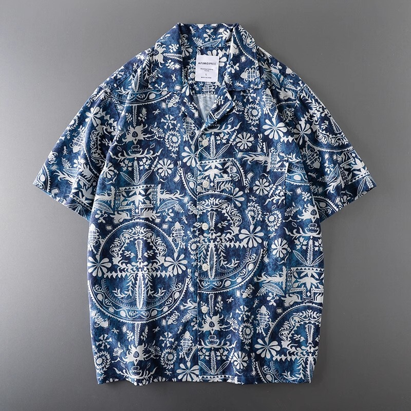 Bohemian Shirt Men's Cuban Collar Hawaiian Short-Sleeved Retro Draped Floral Shirt Export Tail Order Men's Clothing