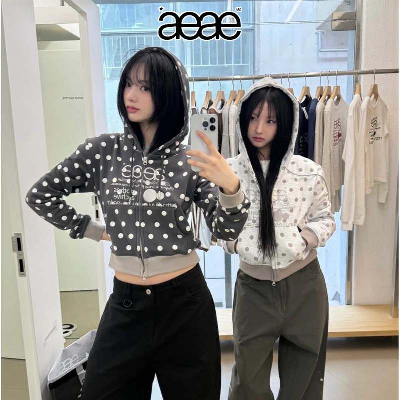 Korean Niche Fashion Brand Aeae Hooded Sweatshirt for Women, Autumn and Winter Style, Slim Fit Short Polka Dot Letter Embroidery Jacket