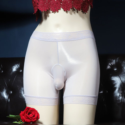 Ultra-thin silky men's boxer briefs with jj set sexy oily glossy fully transparent plus size U-shaped bag underwear