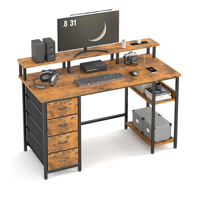 47inch Single-sided four-drawer desk with 4 drawers, power outlets, monitor stand, and open shelves
