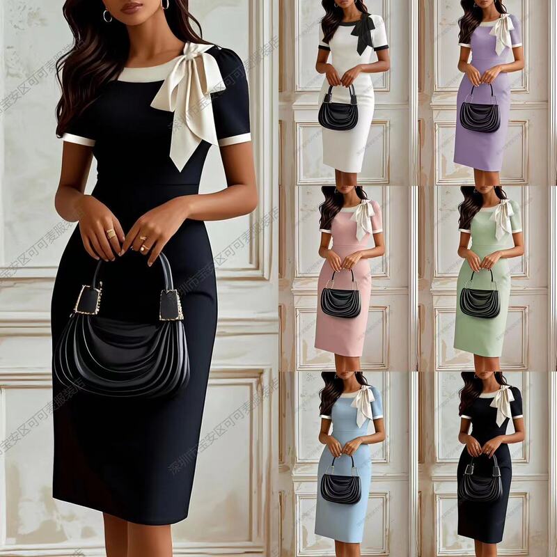 Cross-border European and American New Women's Crewneck Bow Contrast Color Slim-fit dress Stitching Celebrity Party Banquet Dress