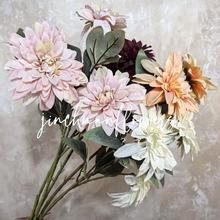 3头油画大丽花菊花 婚庆仿真花材家居客厅插花婚庆花艺仿真大丽花