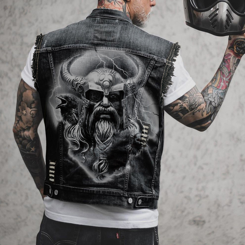 Horns Sleeveless Punk Sports Motorcycle Lapel Domineering Men's Denim Vest Cross-Border E-Commerce 2039
