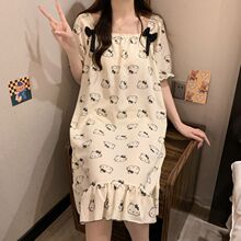 睡裙夏季短袖蝴蝶结狗狗自带胸垫甜美可爱印花宽松中长裙家居服